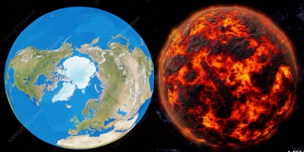 Water-rich life-giving Earth on left; fiery hadean Earth on right